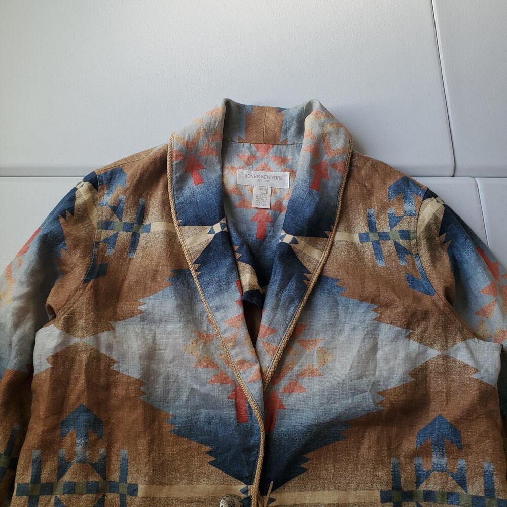 Vintage Jones New York Jacket Womens Medium Linen Aztec Southwestern Boho Tie - Picture 2 of 11
